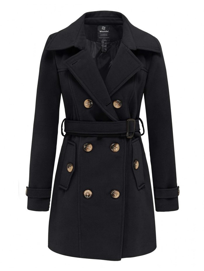 Women's Double Breasted Pea Coat Winter Mid-Long Trench Coat with Belt 