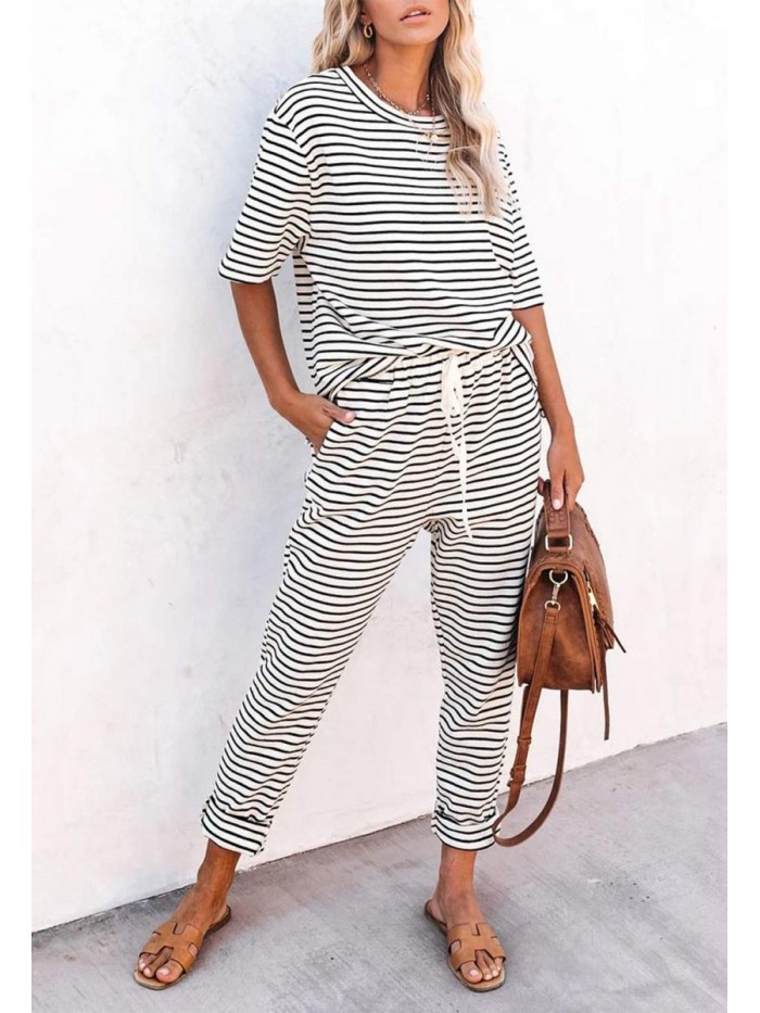 Women's Striped 2 Piece Outfits Crewneck Pullover Tops and Long Pants Sweatsuit Loungewear Sets 