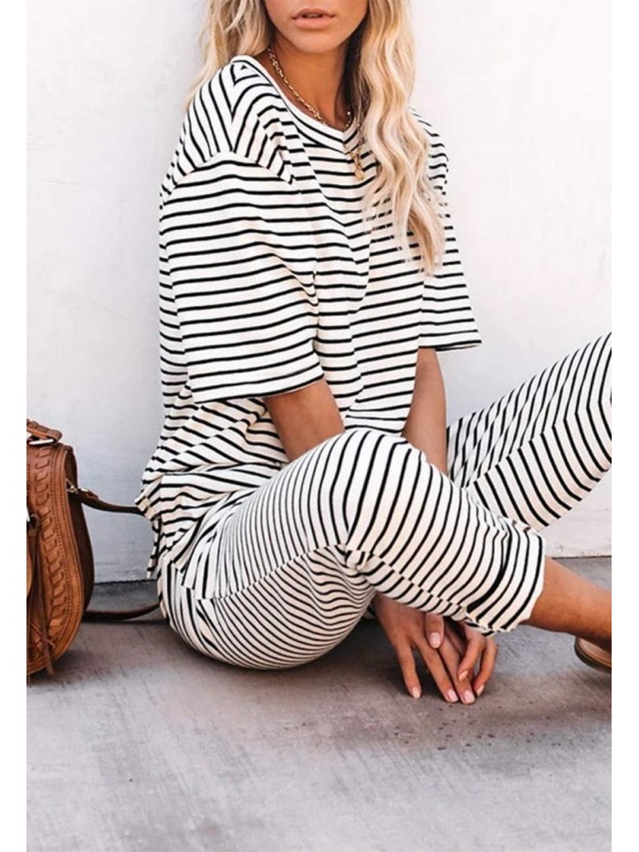 Women's Striped 2 Piece Outfits Crewneck Pullover Tops and Long Pants Sweatsuit Loungewear Sets 