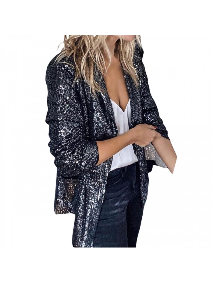 Blazer for Women Casual Solid Color Sequins Long Sleeves Lapel Jacket 