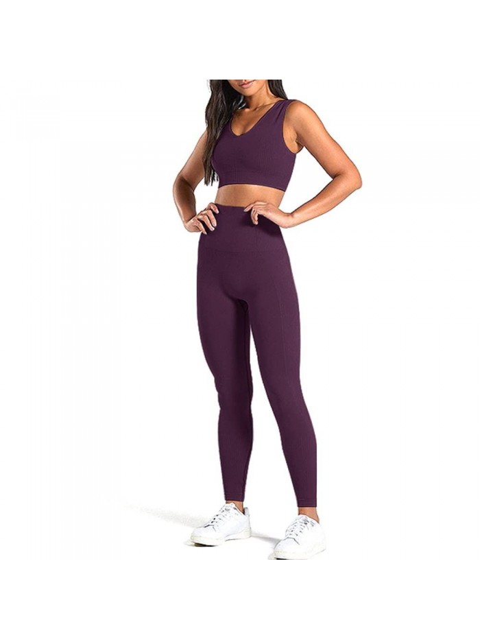 2 PCS Workout Set Seamless Super Soft Material Deep V Neck Bra+Leggings Sports Suit Yoga Outfits 