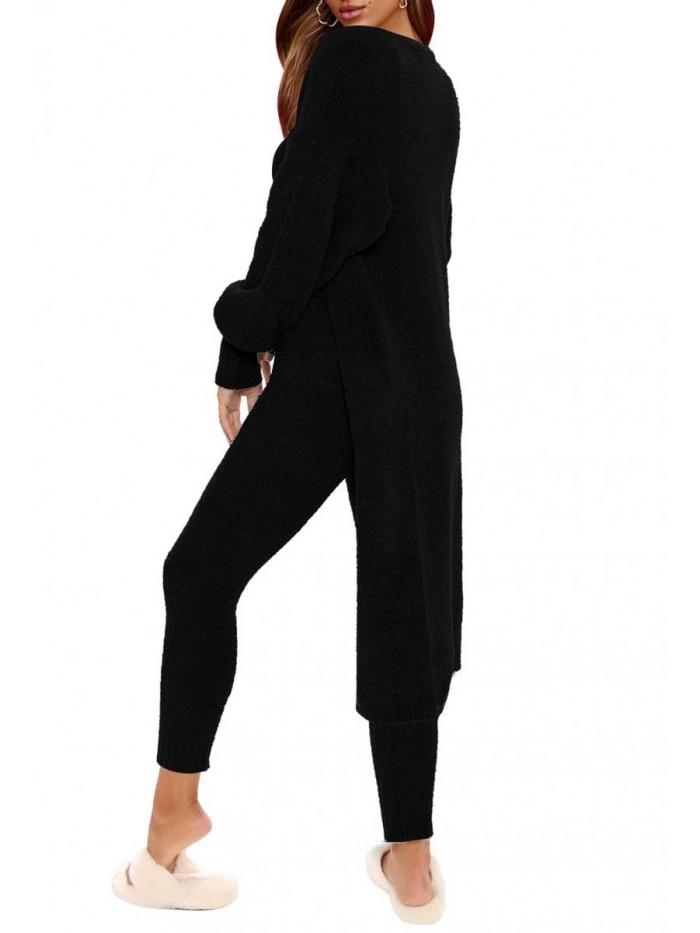 Wind Women's Fuzzy 3-Piece Sweatsuit Outfits Open Front Cardigan Crop Top Wide Legs Pants Loungewear Sets 