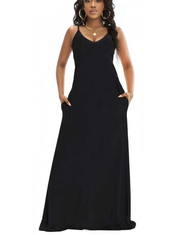 Women's Maxi Dresses Summer Sleeveless Loose Colorful with Pocket Casual Long Sundress Plus Size