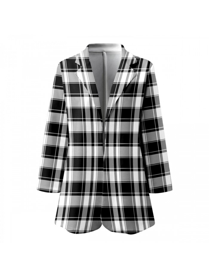 Women Plaid Blazers Open Front Long Sleeve Lapel Collar Work Office Jacket Blazer Elegant Business Cardigan Top 