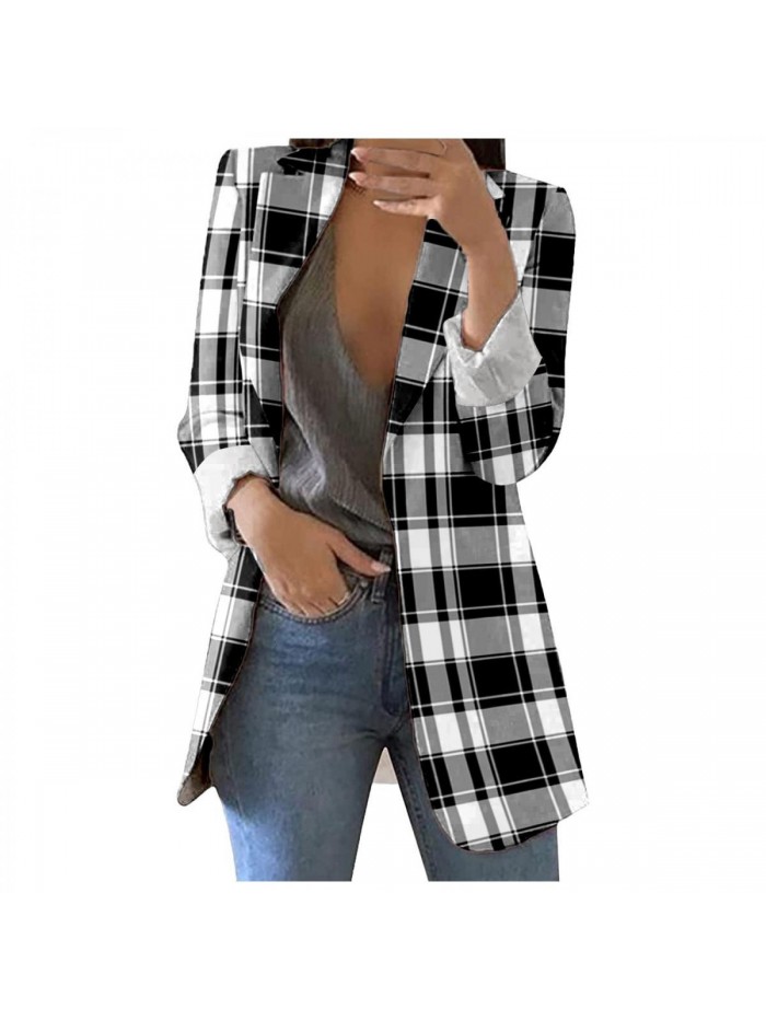 Women Plaid Blazers Open Front Long Sleeve Lapel Collar Work Office Jacket Blazer Elegant Business Cardigan Top 