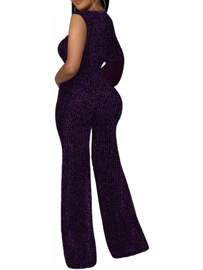 Elegant Sparkly Jumpsuit for Women Clubwear Sexy V-Neck Long Sleeve Jumpsuit Long Straight Pants with Belt