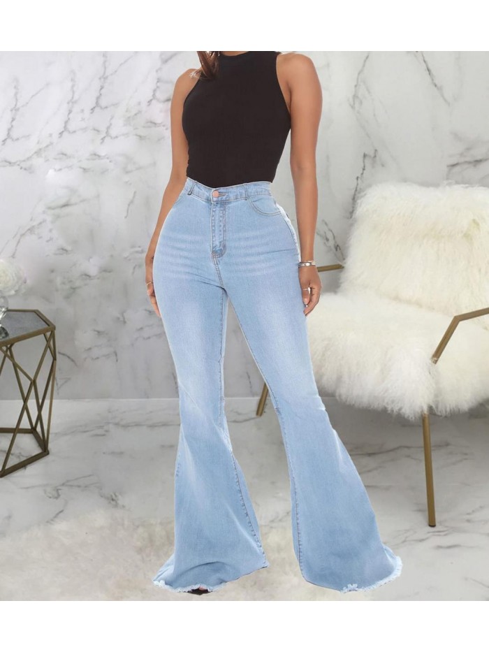 Bottom Jeans for Women Ripped High Waisted Classic Flared Denim Pants 