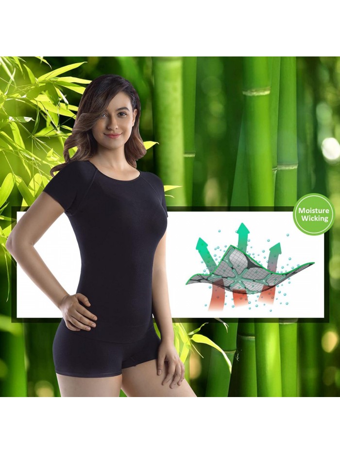 Womens Undershirt Short Sleeve Bamboo T-Shirt Shapewear Tops Scoop Neck Basic Tee Seamless 