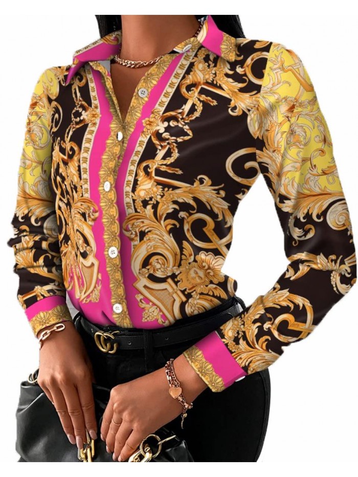 MsavigVice Blouses & Button-Down Shirts Long Sleeves Colorful Floral Print Casual Loose Collar Sexy Blouses Fashion 2022