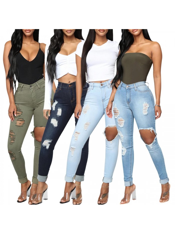 TodTan Women's Skinny Jeans Ripped Mid Rise Stretch Destroyed Denim Pants Jeans