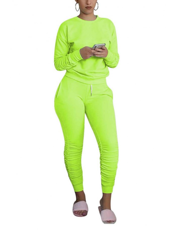 2 Piece Outfit for Women Casual Solid Color T-Shirts Ruched Bodycon Pants Jogger Jumpsuit Set Clubwear 