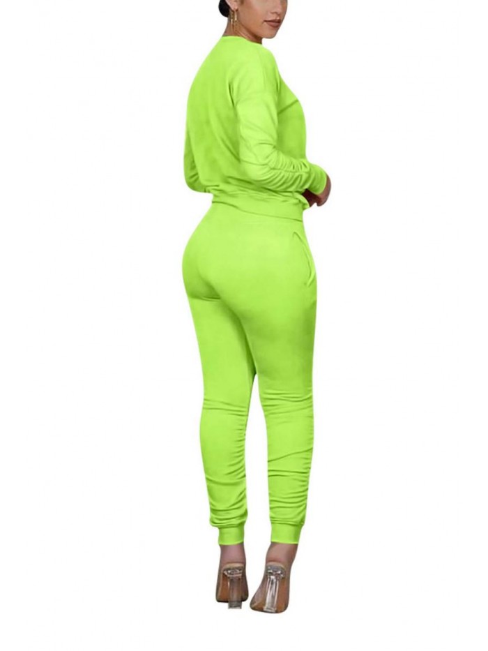 2 Piece Outfit for Women Casual Solid Color T-Shirts Ruched Bodycon Pants Jogger Jumpsuit Set Clubwear 
