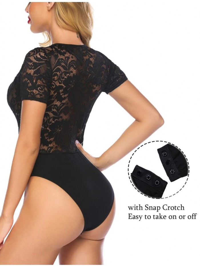 Avidlove Women Lace Short Sleeve Bodysuit Sexy Deep V Snap Crotch Clubwear Tops S-XXL