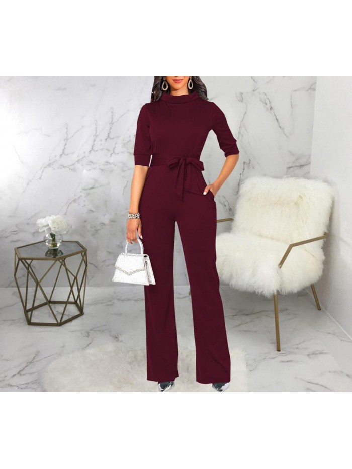 Women's Elegant Jumpsuits Dressy Long Sleeve Straight Long Pants Rompers with Pockets