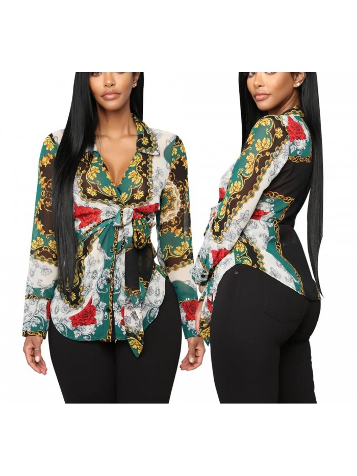 Sexy V-Neck Blouses Shirt Dress Long Sleeve Floral Button Down Collar Shirts 