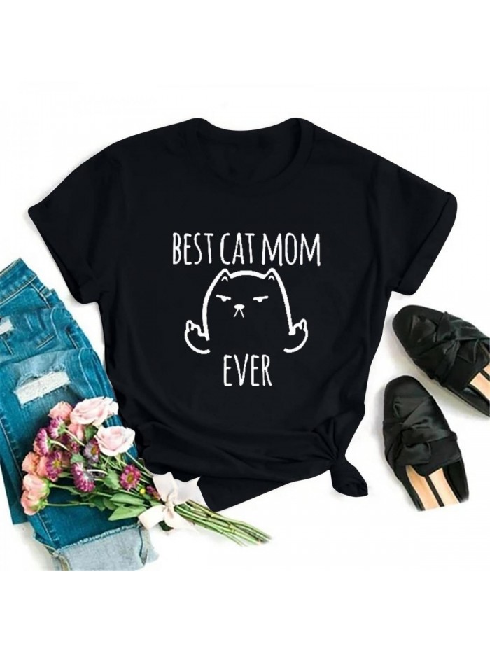 Best Cat Mom Ever Tees Cute Funny Kitten Printing Pet Owner Shirt Short Sleeve T-shirt ideal Gift for Cat Lovers 