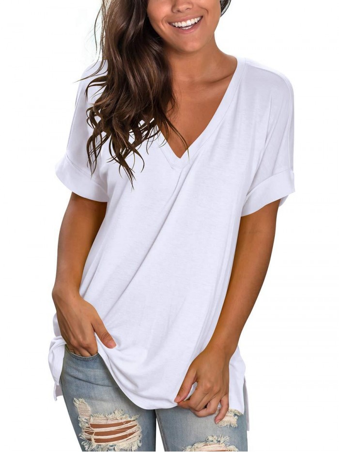 Women's V Neck T Shirt Rolled Sleeve Side Split Tunic Tops Casual Summer 