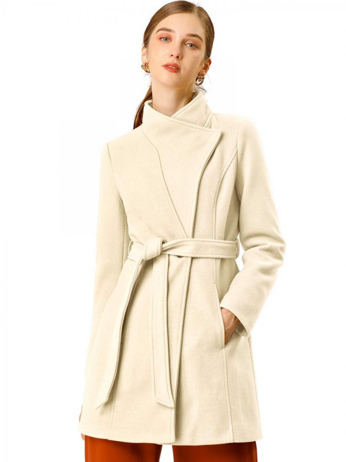 K Women's Classic Stand Collar Long Sleeve Winter Belted Long Coat 