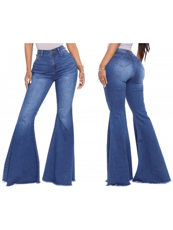 Bottom Jeans Elastic High Waisted Flare Jeans Raw Hem Denim Pants with Heart-Shaped Pocket  