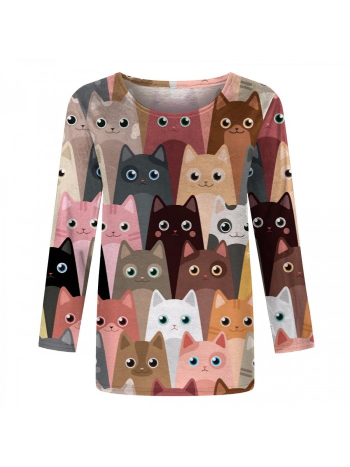 Sleeve Tops for Womens Cute Cat T Shirts Crew Neck Blouse Fashion Casual Pullover Spring Tees 