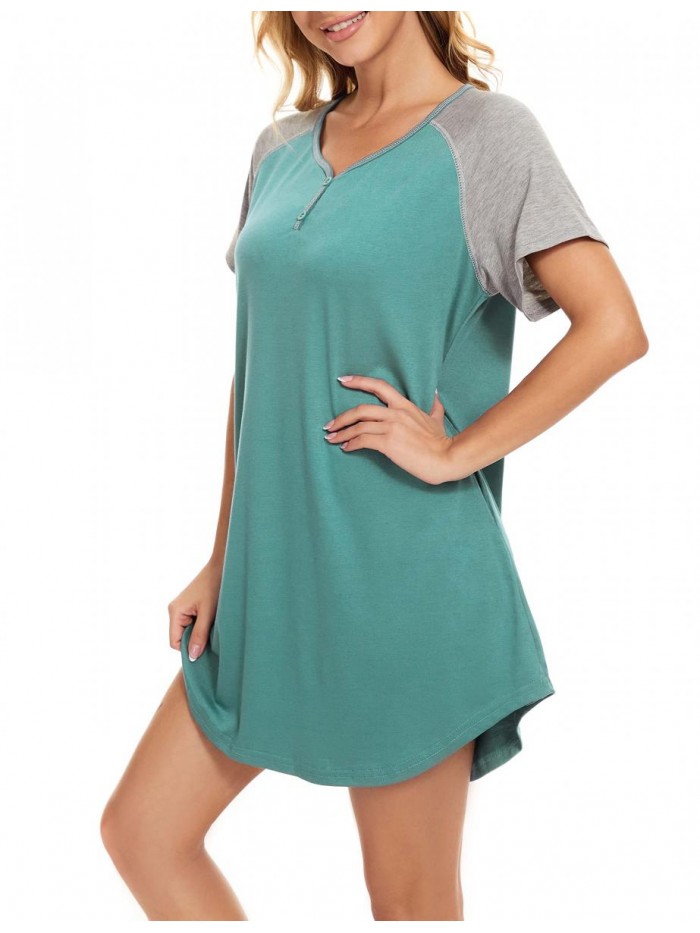 Women's Nightgown Nightshirts Short Sleeve Sleepwear V Neck Loungewear Sleep Shirt with Pockets 