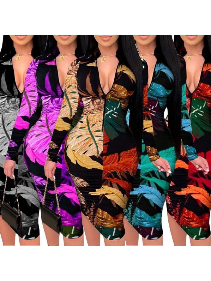 Bodycon Dresses for Women Sexy Pencil Party Club Night Out Long Sleeve Floral Print Midi Spring Dress Fashion 2022 with Belt