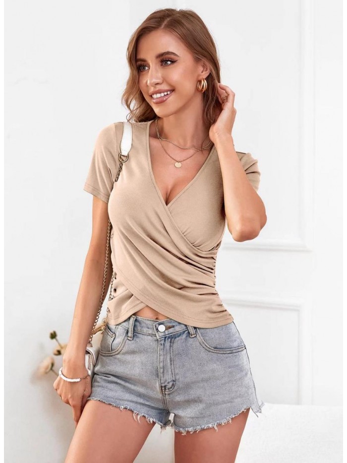 Women's Deep V Neck Short Sleeve Bodycon Cross Wrap Front Slim Fitted T Shirts Sexy Crop Tops 