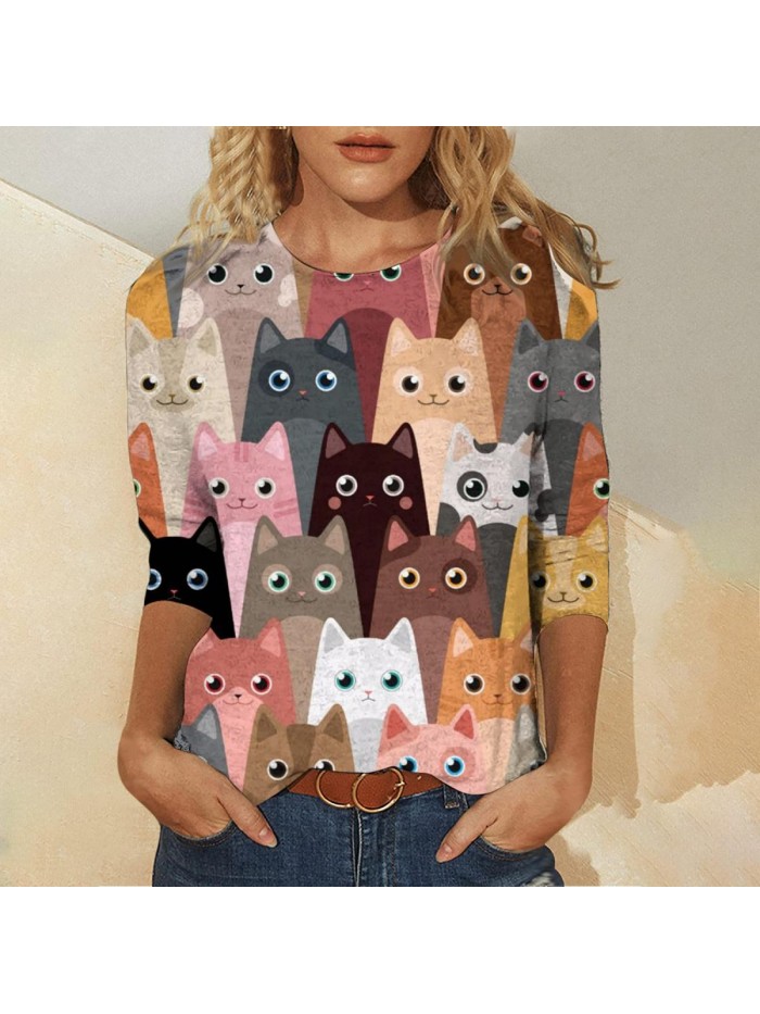 Sleeve Tops for Womens Cute Cat T Shirts Crew Neck Blouse Fashion Casual Pullover Spring Tees 