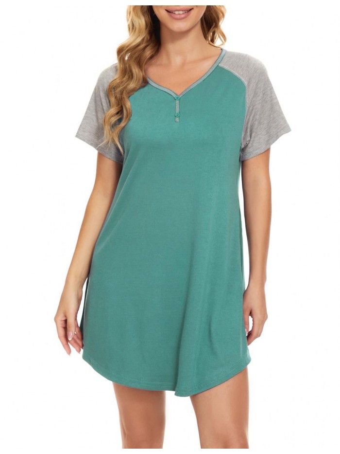 Women's Nightgown Nightshirts Short Sleeve Sleepwear V Neck Loungewear Sleep Shirt with Pockets 