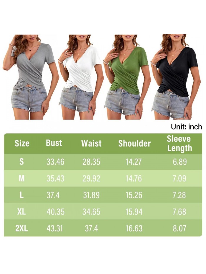 Women's Deep V Neck Short Sleeve Bodycon Cross Wrap Front Slim Fitted T Shirts Sexy Crop Tops 