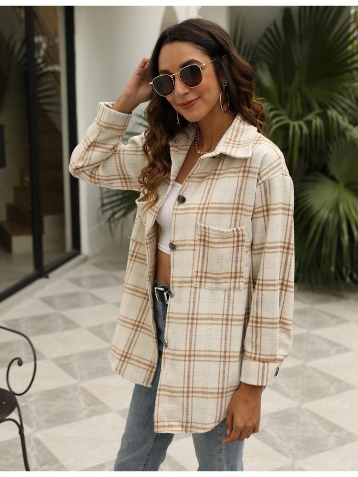 Women's Casual Loose Plaid Lapel Button Up Short Brushed Shacket Blouse Top Coat 
