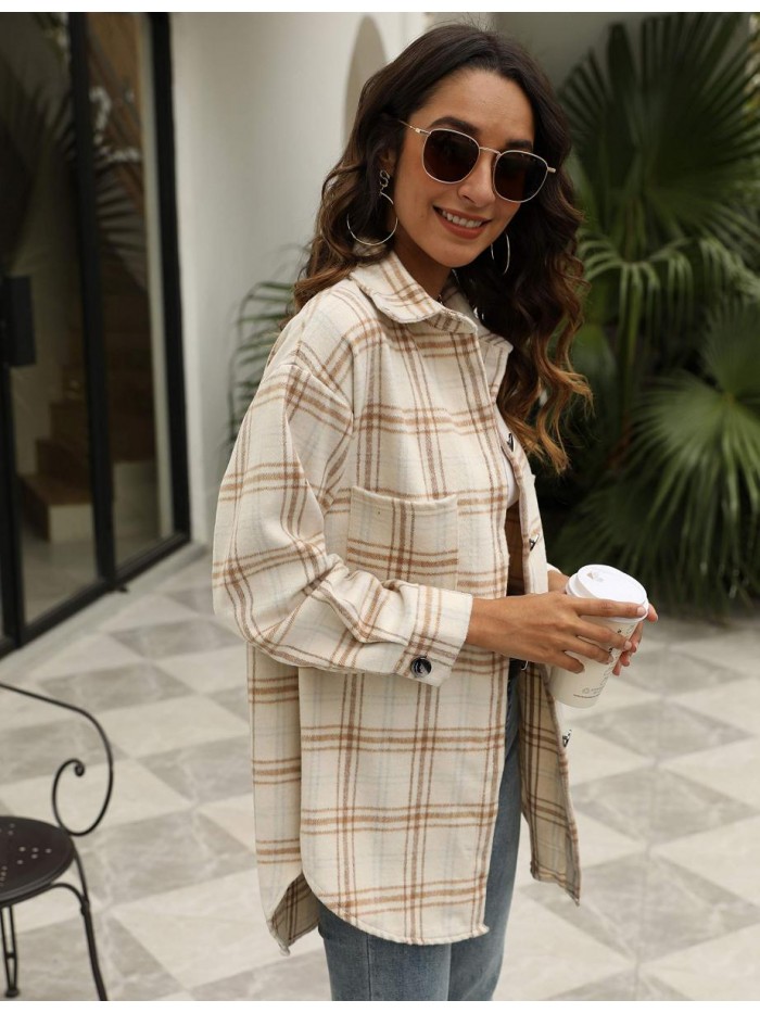 Women's Casual Loose Plaid Lapel Button Up Short Brushed Shacket Blouse Top Coat 
