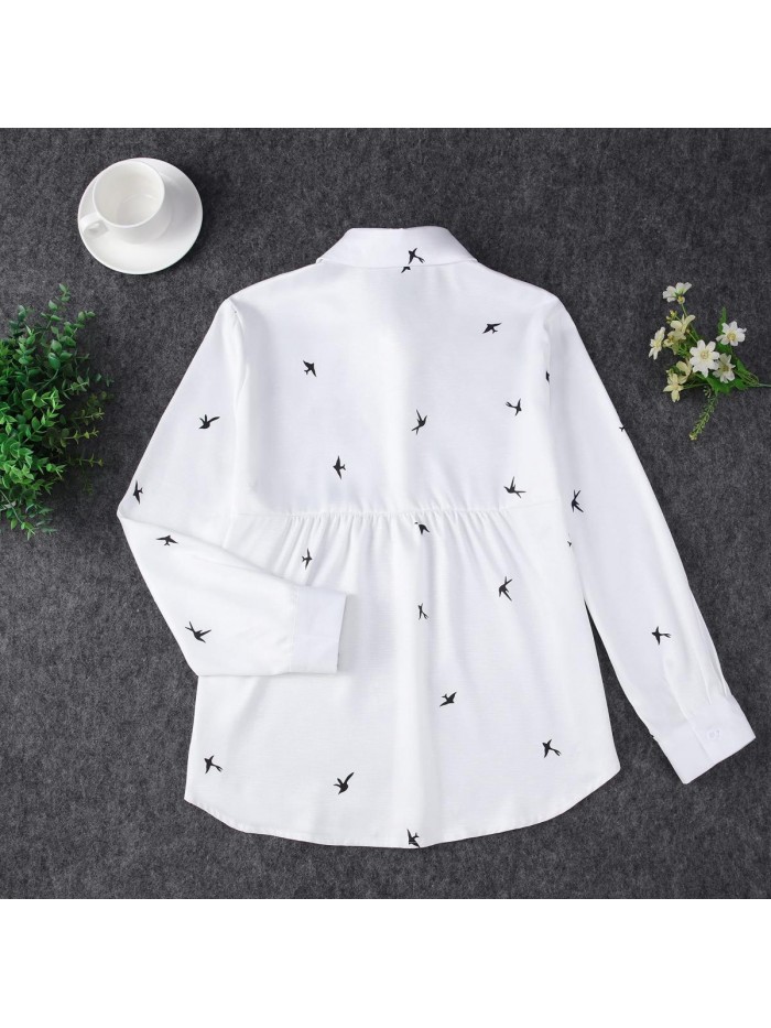 Womens Button Down Shirts Printed Long Sleeve V Neck Work Blouses Bussiness Casual Dress Shirts 