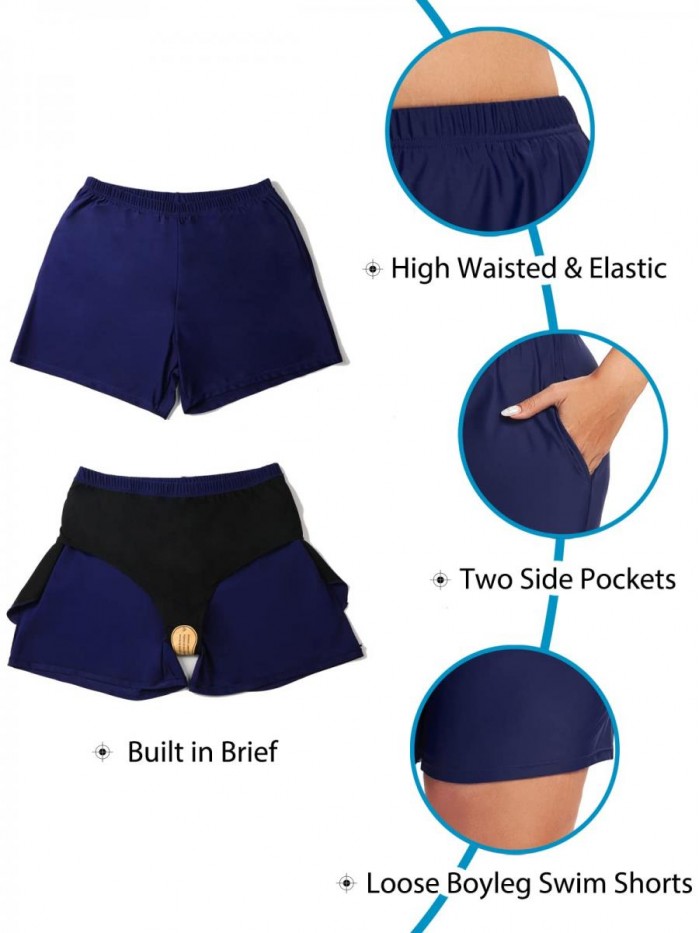 Women's Plus Size Swim Shorts High Waisted Bathing Suits Board Shorts Swimsuit Boyleg Trunk with Pockets 