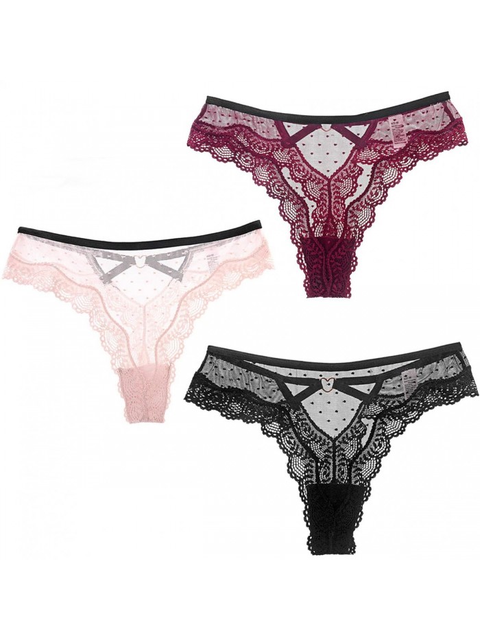Women’s Lace Underwear Bikini Low Rise Thongs V-Back Criss Cross Seamless Cheeky Panties Sexy 3 Pack 
