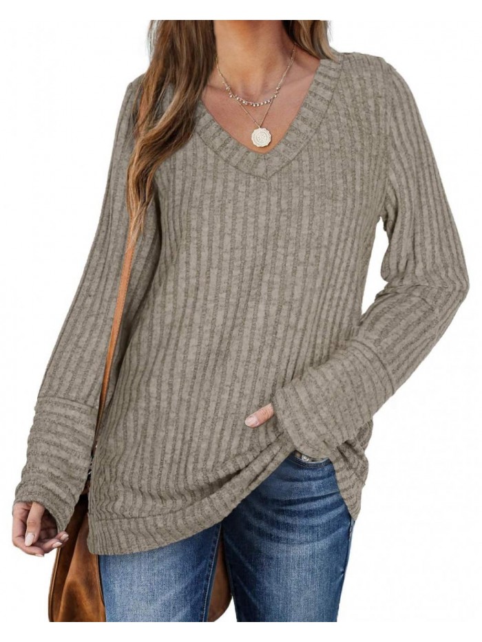 Sweaters for Women Long Sleeve V Neck Solid Color Fashion Tops 