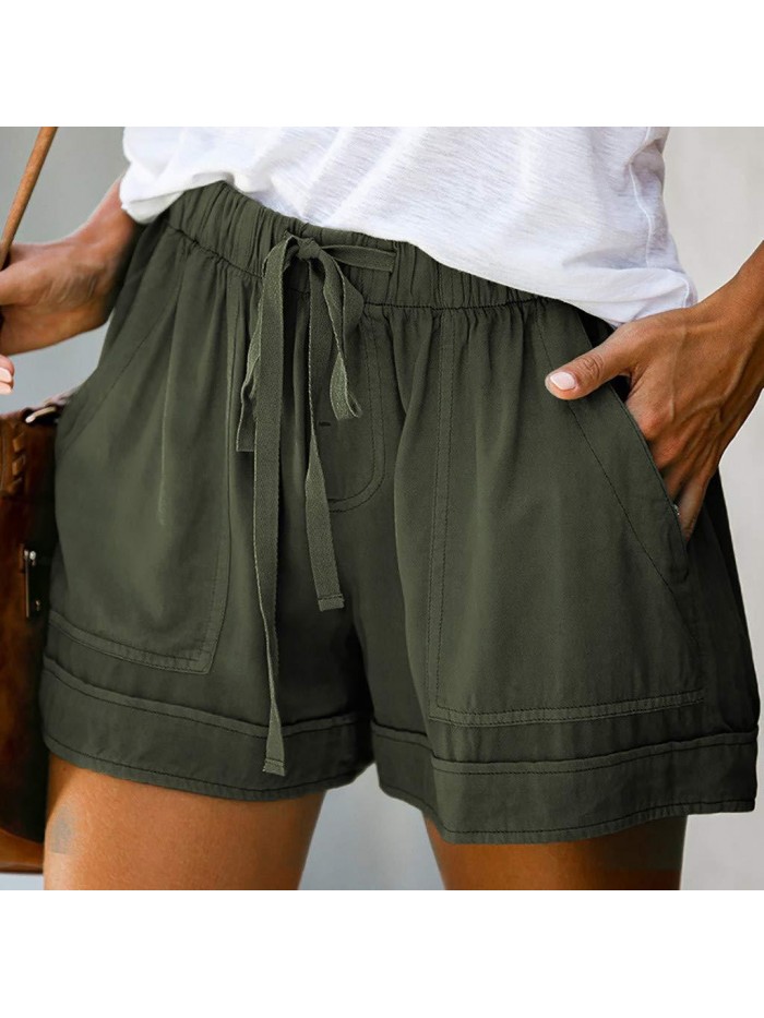 Womens Comfy Drawstring Casual Elastic Waist Pocketed Shorts Summer Casual High Waisted Shorts with Pockets 