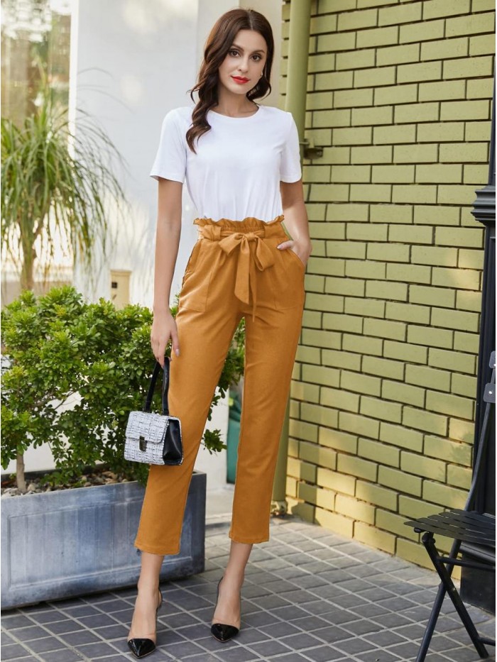 KOLE Women Paper Bag Pants High Waist with Pockets Tie Casual Cropped Trousers S-XXL 