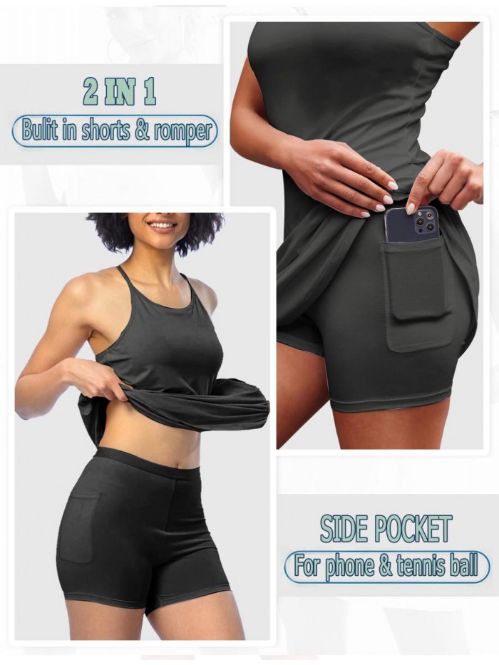 Women's Athletic Dress Sleeveless Built-in Bra & Shorts Pocket Workout Dress Quick Dry Exercise Dress for Golf Tennis 