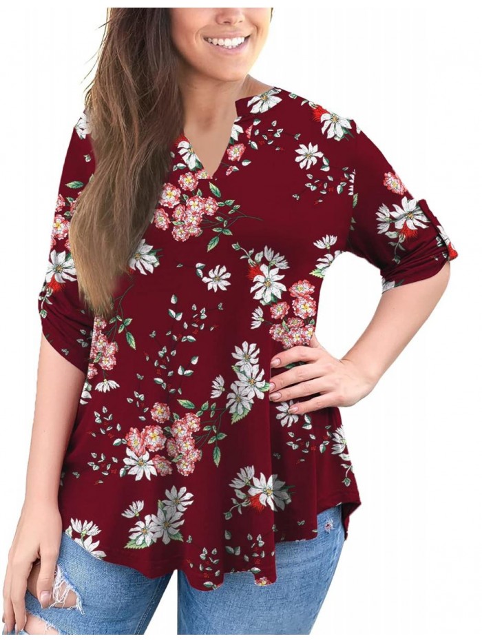 Women's Plus Size Tops 3/4 Roll Sleeve Shirts V Neck Blouses Tunic Top 
