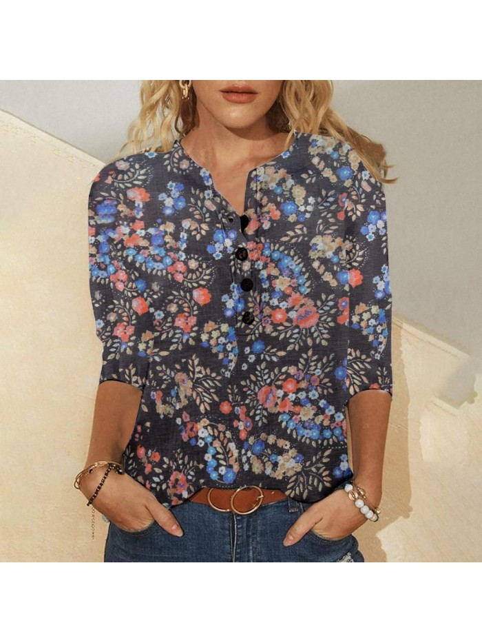 Women 3/4 Sleeve Tops Fashion Plaid Ombre Floral Print Casual Crewneck Shirts Loose Fit Lightweight Blouses 