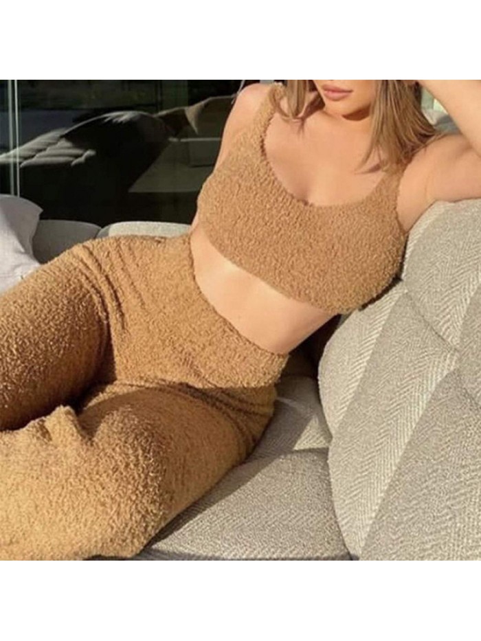 Women's Fuzzy 3 Piece Sweatsuit Open Front Cardigan Crop Tank Tops Wide Legs Pants Lounge Sets 