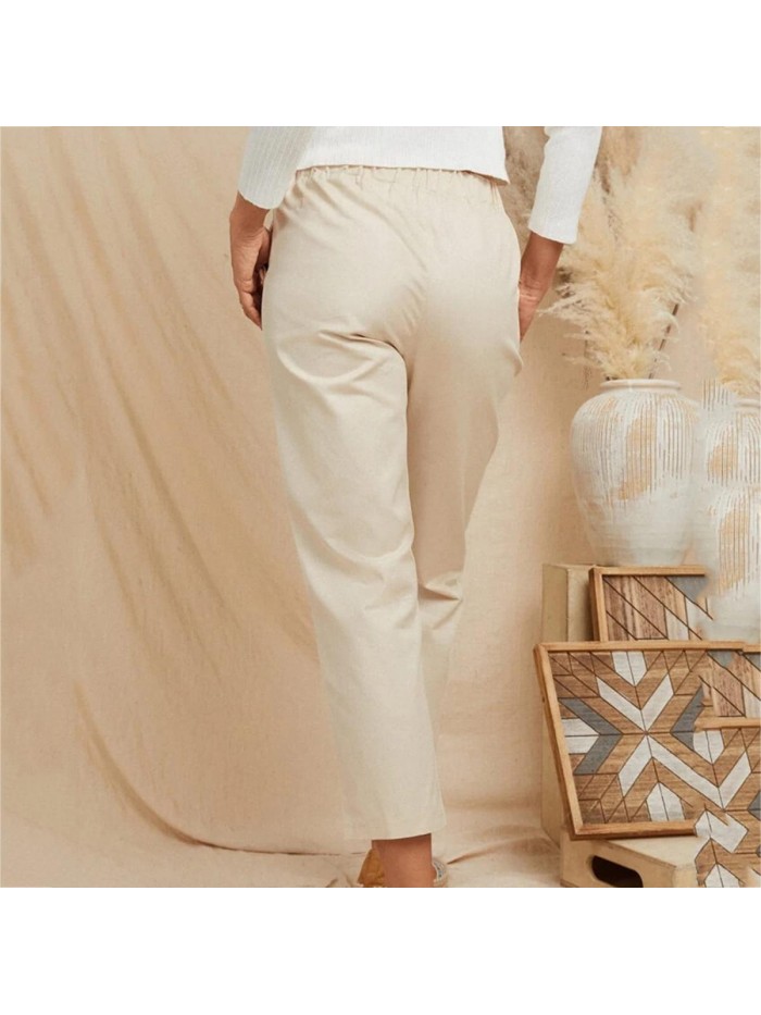 Women High Waist Pants Straight Leg Solid Color Trousers with Pocket Button Comfy Loose Ankle Length Lounge Pants 