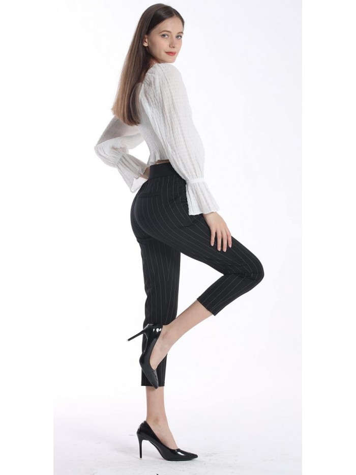 AUSIMIAR Women's Vertical Stripe Stretch Skinny Dress Pants,Super Comfy Pull-on Black Leggings for Work or Casual(Black)