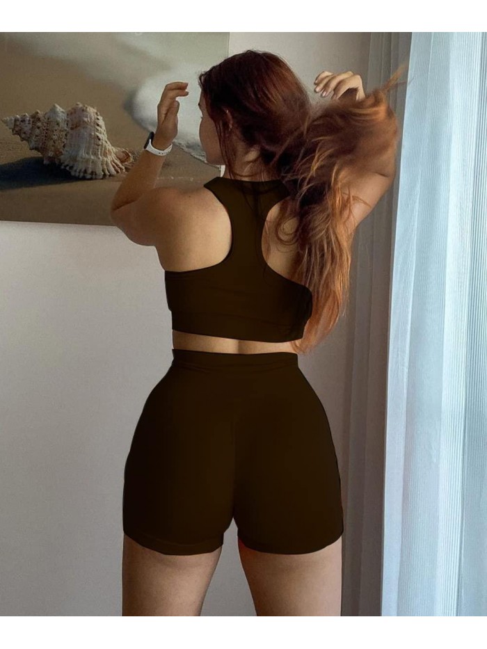Seamless Workout Set for Women 2 Piece Scrunch Butt Lifting Shorts Cross Back Strap Crop Tops Gym Yoga Outfits 