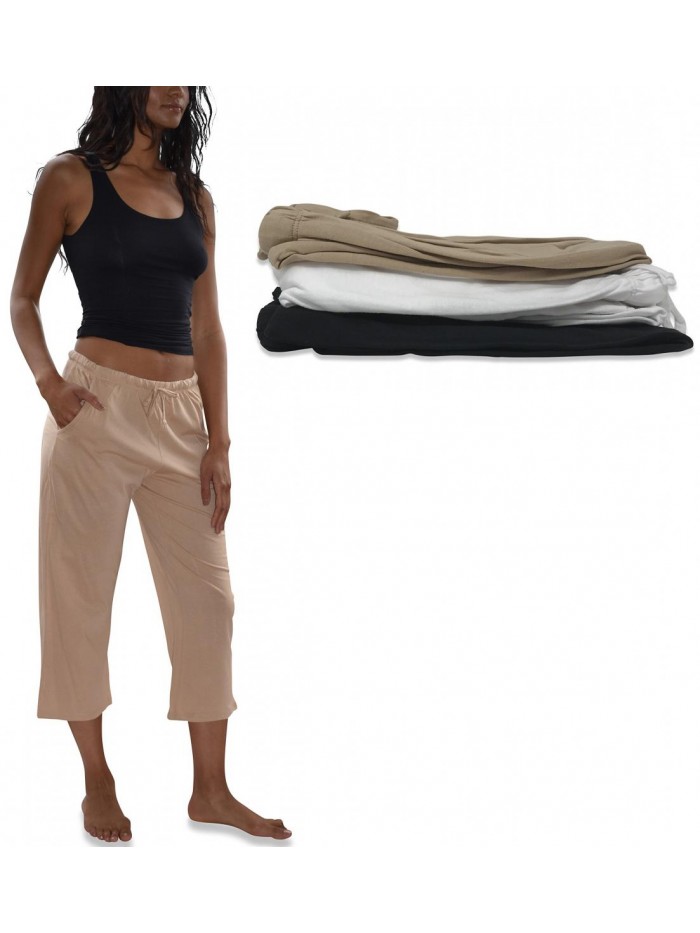 Basics Women's 3 Pack Soft Flex-Cotton Knit Pajama Pants/Lounge Pants/Sleep Pants - Capri -Yoga Style Pant 