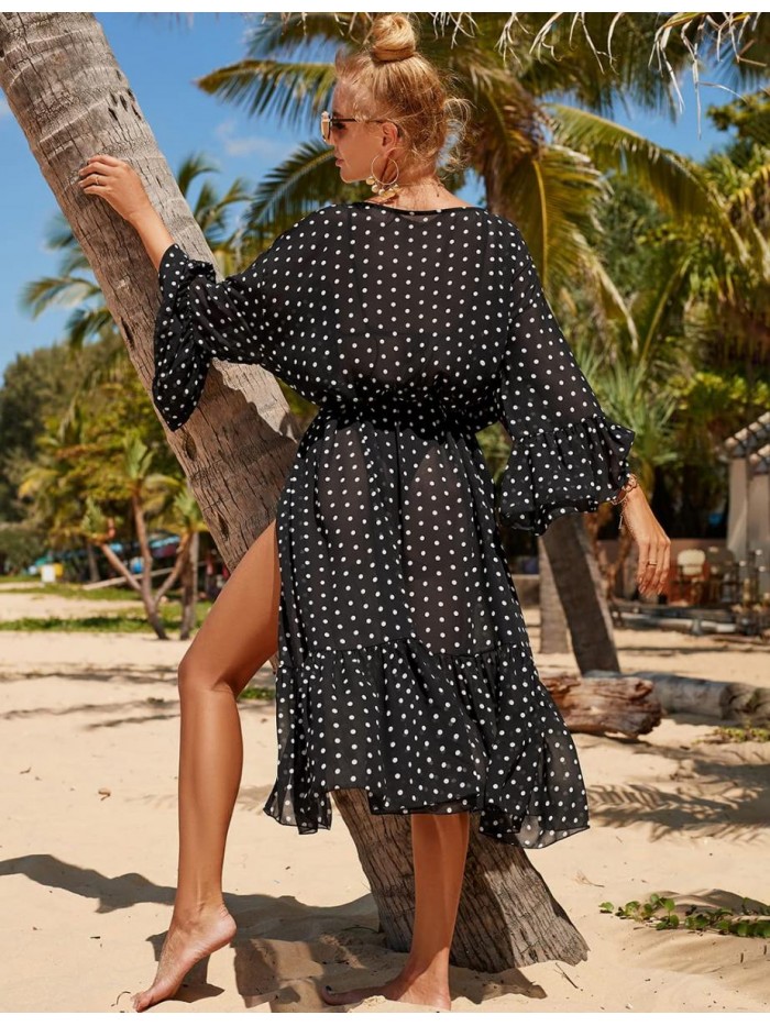 Women Chiffon Dot Print Beach Kimono Cardigan Long Bathing Suit Cover Up 