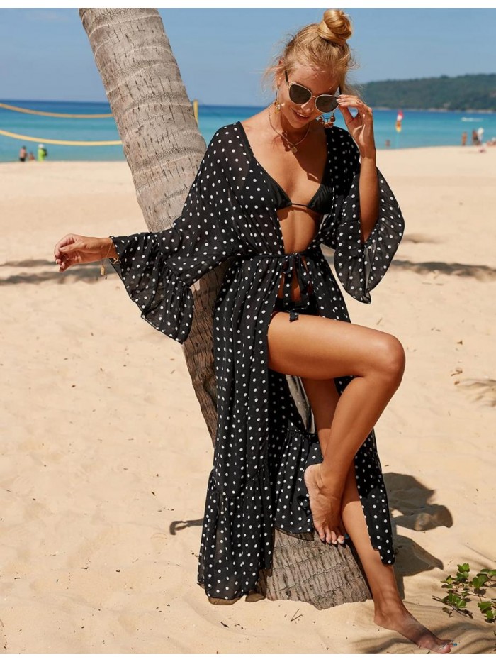 Women Chiffon Dot Print Beach Kimono Cardigan Long Bathing Suit Cover Up 