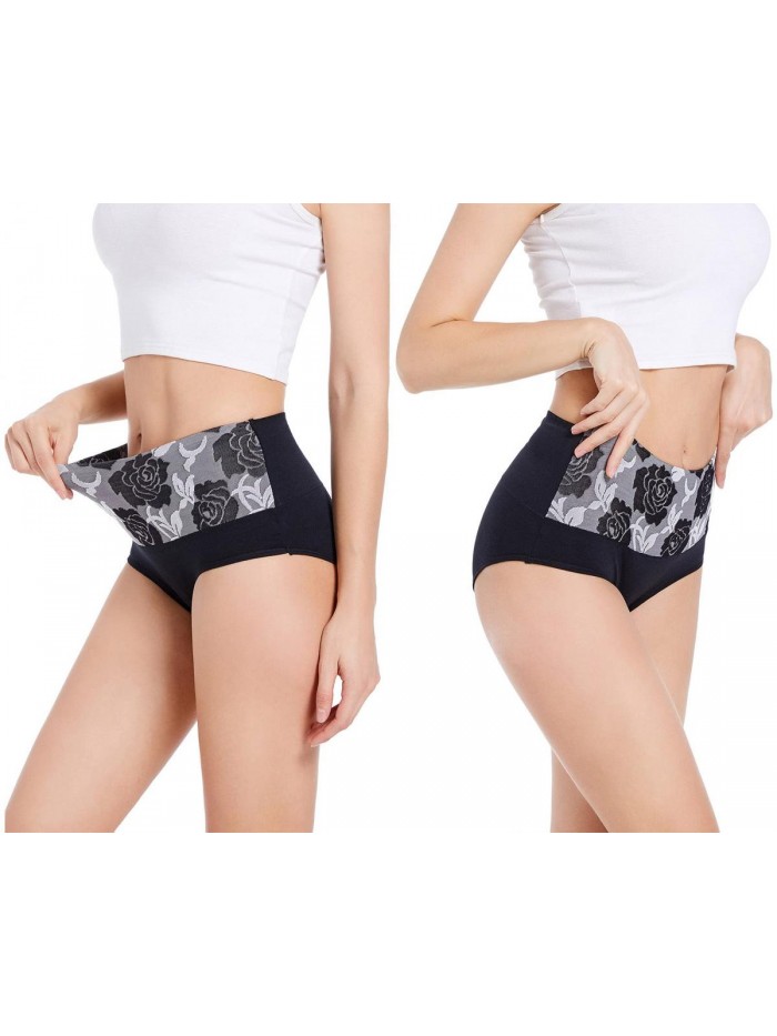 Women's Briefs Underwear Cotton High Waist Tummy Control Panties Rose Jacquard Ladies Panty Multipack 