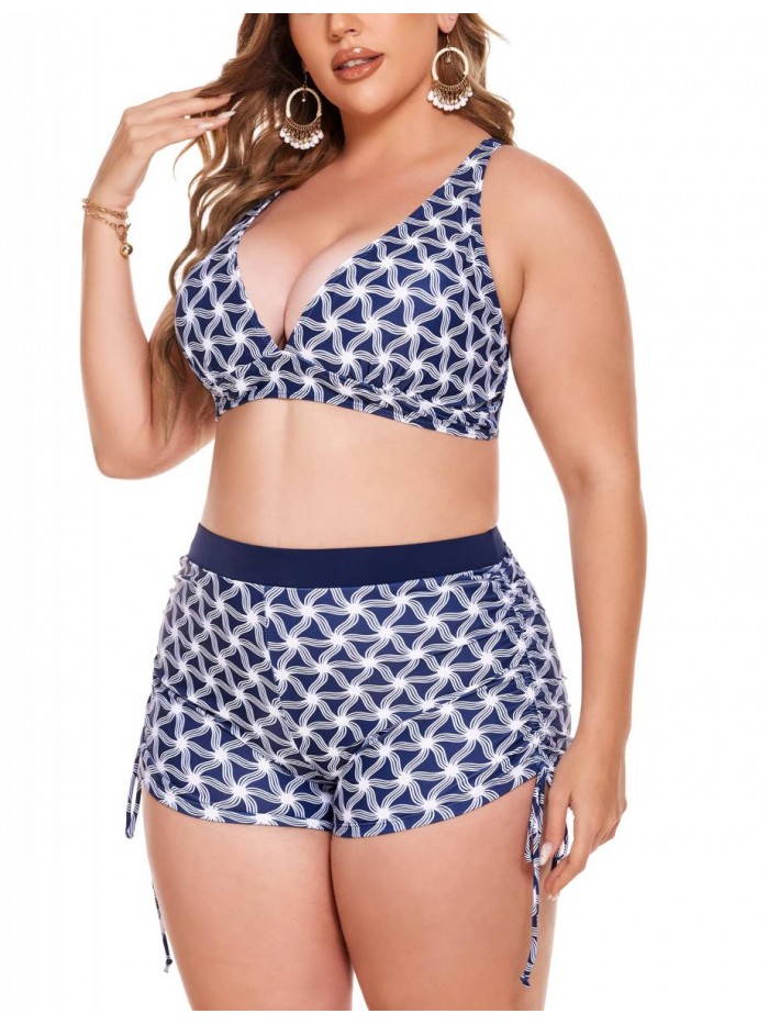 Women Plus Size Bikini Set Floral Print Halter Swimsuits Tank Tops with Boyshorts Bathing Suits Swimming Wear 